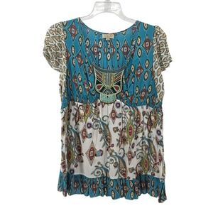 One World Women 1X Teal Paisley Beaded Empire Waist Boho Fairy Fluttery Blouse